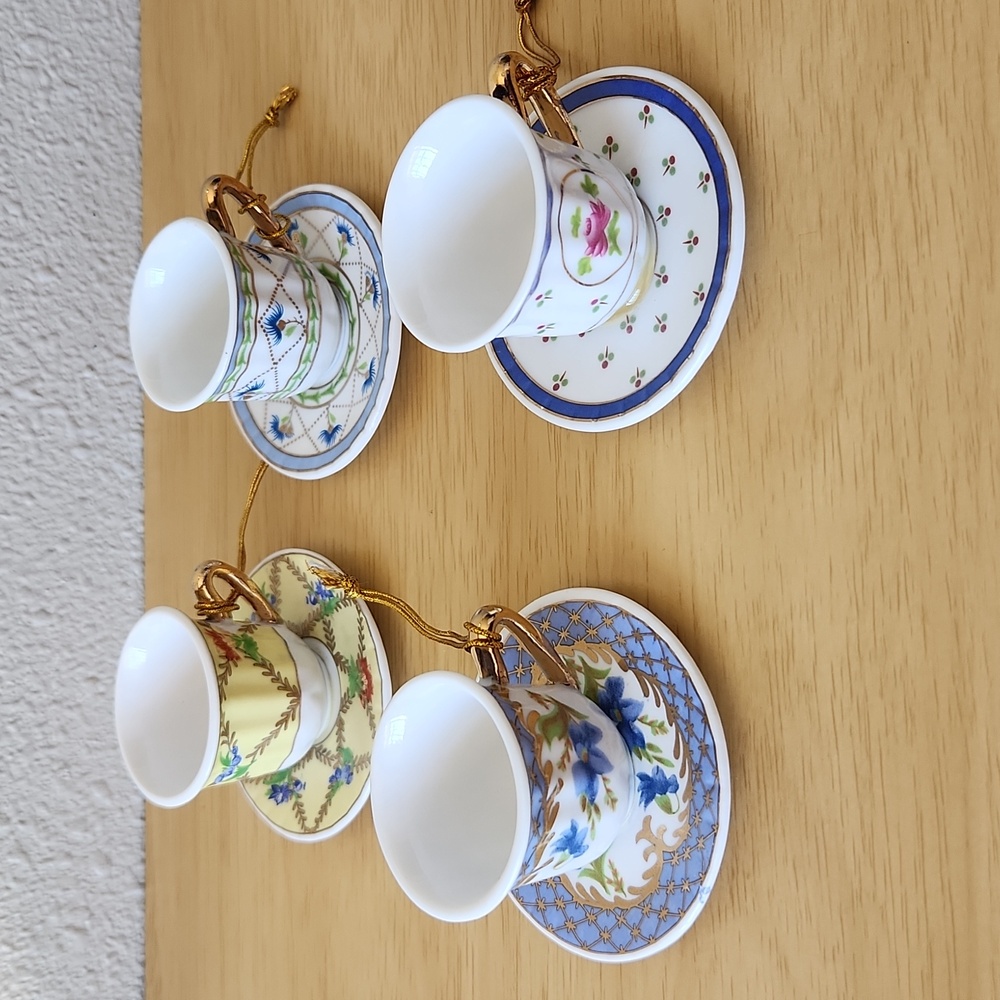 Set of 4 Victorian Mini Teacup and Saucer Ornaments